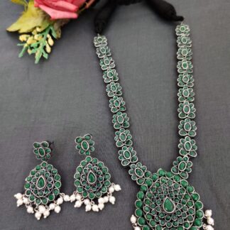 Premium Quality Silver Lookalike Stone Necklace set with Pretty matching Earrings V-1