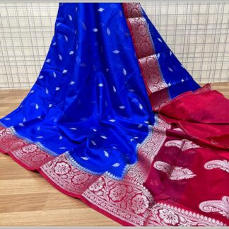 Semi Georgette Soft Silk Party wear dazzling high quality Cobalt-blue and Red color saree