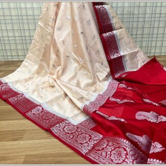 Semi Georgette Soft Silk Party wear dazzling high quality Cream and Red color saree