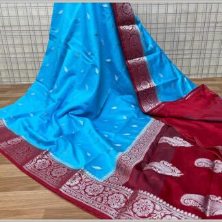 Semi Georgette Soft Silk Party wear dazzling high quality Sky-blue and Maroon color saree