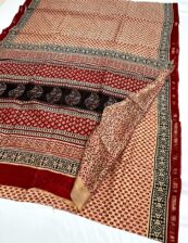 Chanderi Silk Saree Full hand weaving  color Maroon and Cream-RS13
